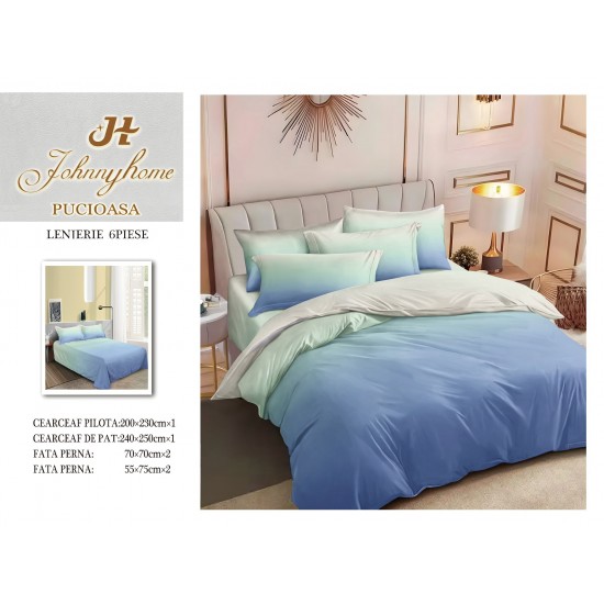 Set Lenjerie de Pat din Finet cu 2 Fete, 6 Piese, Pat 2 Persoane, Blue, degrade, LDF-084 Lenjerii Finet 6 piese