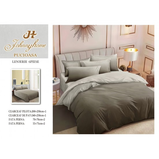 Set Lenjerie de Pat din Finet cu 2 Fete, 6 Piese, Pat 2 Persoane, Kaki, degrade, LDF-094 Lenjerii Finet 6 piese
