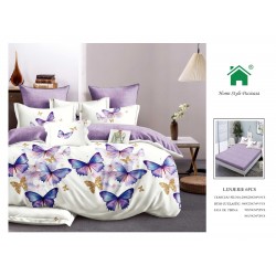 Set Lenjerie de pat din Finet Gros, Cearceaf cu ELASTIC, 6 Piese, Pat 2 Persoane, Alb-Lila, fluturi, LDE-179