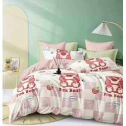 Set Lenjerie de pat din Finet Gros, Cearceaf cu ELASTIC, 6 Piese, Pat 2 Persoane, Alb-Roz, pink bear, LDE-173