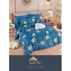 Set Lenjerie de pat din Finet Gros, Cearceaf cu ELASTIC, 6 Piese, Pat 2 Persoane, Albastru-Galben, zodii, LDE-117