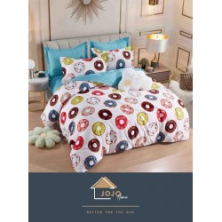 Set Lenjerie de pat din Finet Gros, Cearceaf cu ELASTIC, 6 Piese, Pat 2 Persoane, Alb-Multicolor, gogosele, LDE-097