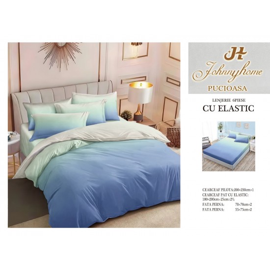 Set Lenjerie de pat din Finet Gros, Cearceaf cu ELASTIC, 6 Piese, Pat 2 Persoane, Blue, degrade, LDE-121 Lenjerii Finet 6 piese cu ELASTIC