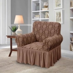 Husa elastica pentru fotoliu, model Jacquard cu volanas, Maro deschis, HCJ-023