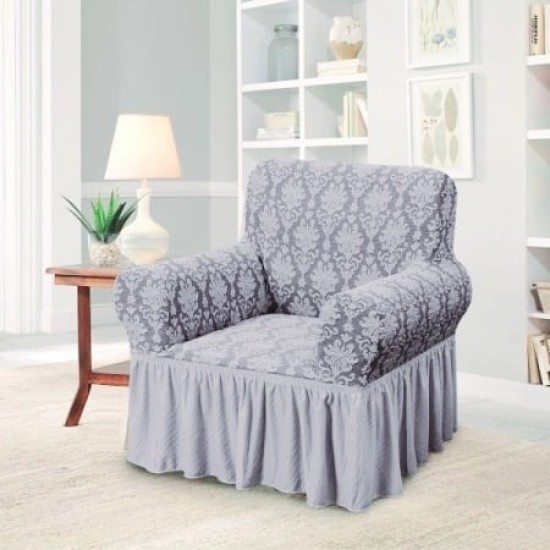 Set 2 huse elastice pentru fotolii, model Jacquard cu volanas, Gri deschis, HCJ-024 Huse Jacquard