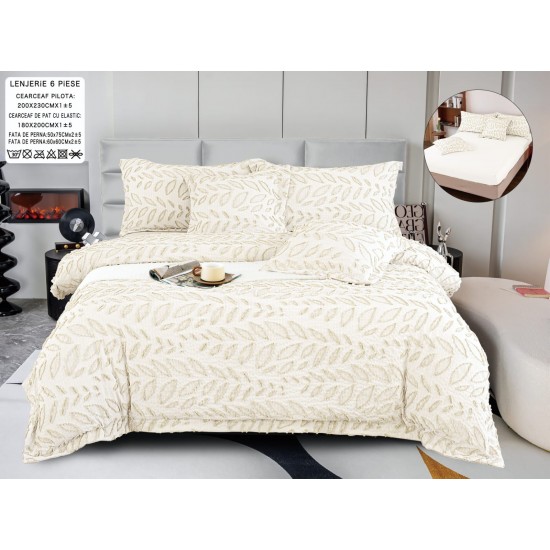 Lenjerie de Pat cu Elastic, Model Grofat, Bumbac cu In, Pat 2 Persoane, 6 Piese, Crem, LSB-017 Bumbac Superior