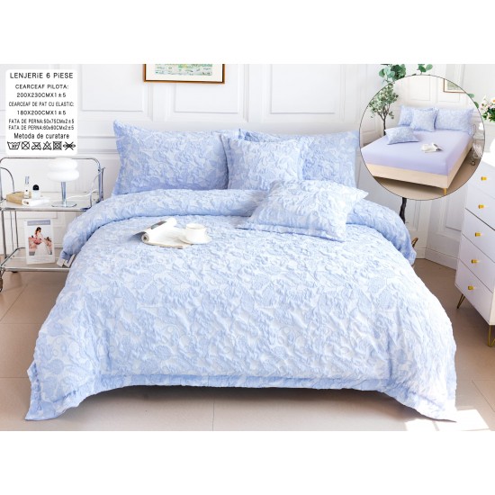 Lenjerie de Pat cu Elastic, Model Grofat, Bumbac cu In, Pat 2 Persoane, 6 Piese, Blue, LSB-019 Bumbac Superior
