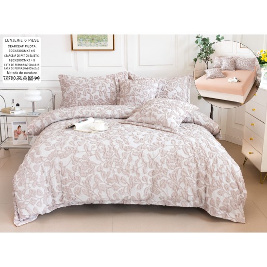 Lenjerie de Pat cu Elastic, Model Grofat, Bumbac cu In, Pat 2 Persoane, 6 Piese, Cenusiu, LSB-040 Bumbac Superior