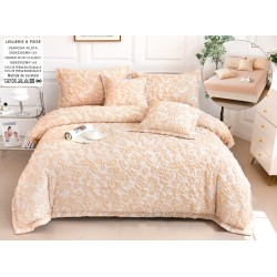 Lenjerie de Pat cu Elastic, Model Grofat, Bumbac cu In, Pat 2 Persoane, 6 Piese, Bej, LSB-043