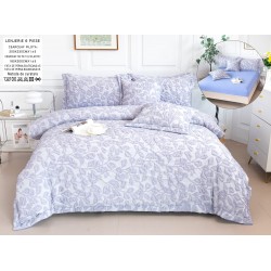 Lenjerie de Pat cu Elastic, Model Grofat, Bumbac cu In, Pat 2 Persoane, 6 Piese, Blue, LSB-047