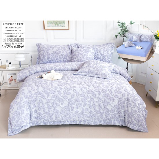 Lenjerie de Pat cu Elastic, Model Grofat, Bumbac cu In, Pat 2 Persoane, 6 Piese, Blue, LSB-047 Bumbac Superior
