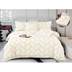 Lenjerie de Pat cu Elastic, Model Grofat, Bumbac cu In, Pat 2 Persoane, 6 Piese, Crem, LSB-048