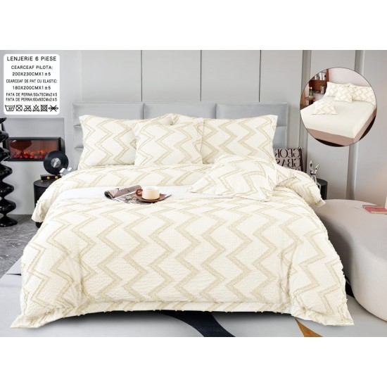 Lenjerie de Pat cu Elastic, Model Grofat, Bumbac cu In, Pat 2 Persoane, 6 Piese, Crem, LSB-048 Bumbac Superior