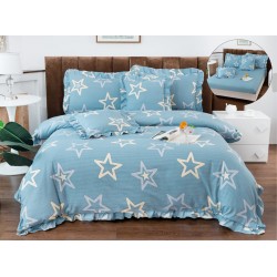 Lenjerie de Pat cu Elastic si Volanase, Bumbac cu In, Pat 2 Persoane, 6 Piese, Blue, stele, LSB-063