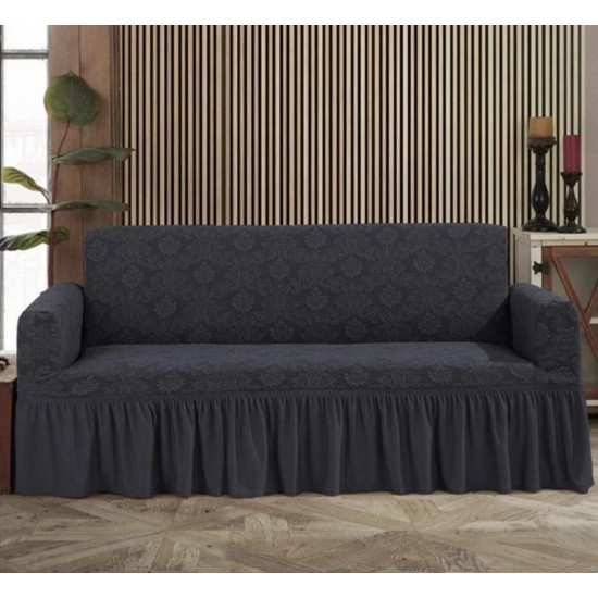 Husa elastica pentru canapea 3 locuri, model Jacquard, cu volanas, Gri inchis, HCJ-015 Huse Jacquard