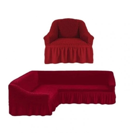 Husa Elastica si Creponata cu Volan pentru Coltar plus Fotoliu, Bordo, HCCV-019 Huse Coltar Creponat cu Volane
