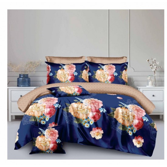 Lenjerie de pat din Finet, Jojo, 8 Piese, Pat 2 Persoane, Albastru-Multicolor, flori, LDO-004 Lenjerii Finet 8 piese