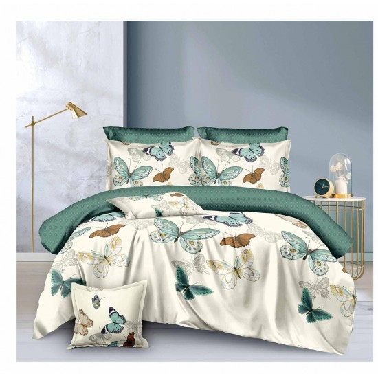 Lenjerie de pat din Finet, Jojo, 8 Piese, Pat 2 Persoane, Crem-Verde, fluturi, LDO-044 Lenjerii Finet 8 piese