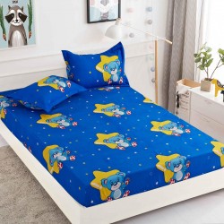 Cearsaf cu elastic, Bumbac FINET, 90x200cm, plus 2 fete de perne, Albastru-Galben, ursulet, HDF-118