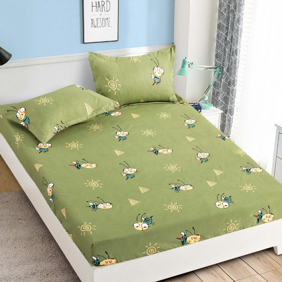 Cearsaf cu elastic, Bumbac FINET, 90x200cm, plus 2 fete de perne, Verde, albinute, HDF-209 Huse Finet 90x200cm