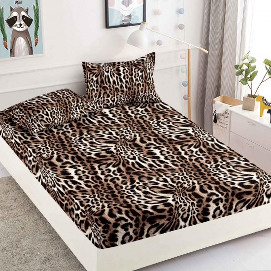 Cearsaf cu elastic, Bumbac FINET, 90x200cm, plus 2 fete de perne, Maro-Bej, animal print, HDF-213 Huse Finet 90x200cm