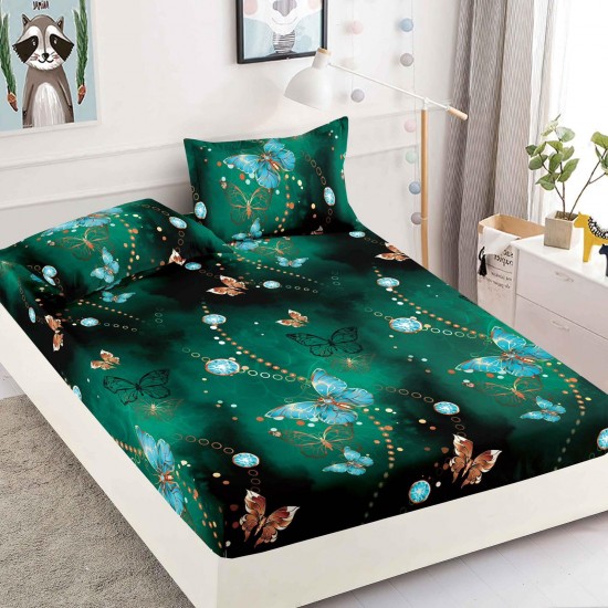 Cearsaf cu elastic, Bumbac FINET, 90x200cm, plus 2 fete de perne, Verde-Galben, fluturi, HDF-215 Huse Finet 90x200cm