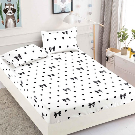 Cearsaf cu elastic, Bumbac FINET, 90x200cm, plus 2 fete de perne, Alb-Negru, fundite, HDF-217 Huse Finet 90x200cm