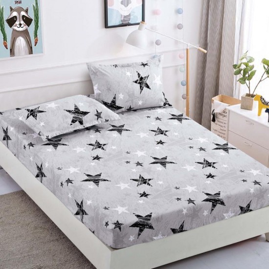 Cearsaf cu elastic, Bumbac FINET, 90x200cm, plus 2 fete de perne, Gri-Negru, stele, HDF-219 Huse Finet 90x200cm