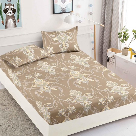 Cearsaf cu elastic, Bumbac FINET, 90x200cm, plus 2 fete de perne, Bej-Crem, flori, HDF-225 Huse Finet 90x200cm