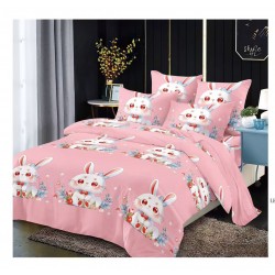 Lenjerie pat dublu, 6 piese, bumbac-finet, Roz-Multicolor, iepuras, LCC-019