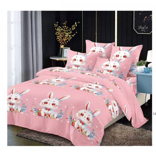 Lenjerie pat dublu, 6 piese, bumbac-finet, Roz-Multicolor, iepuras, LCC-019 Lenjerii Pentru Copii cu Desene Animate - Finet 6 piese