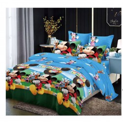 Lenjerie pat dublu, 6 piese, bumbac-finet, Albastru-Multicolor, Mickey si Minnie, LCC-020