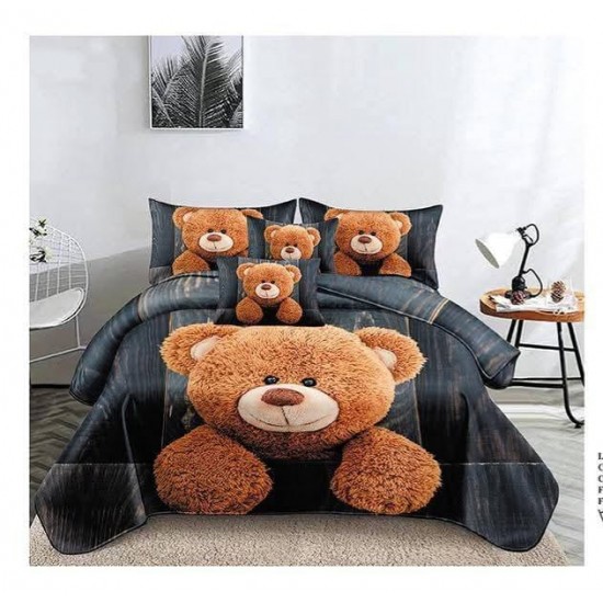 Set Lenjerie de Pat din Finet cu 2 Fete, 6 Piese, Pat 2 Persoane, Gri-Maro, ursulet, LDF-127 Lenjerii Finet 6 piese