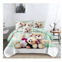 Set Lenjerie de Pat din Finet cu 2 Fete, 6 Piese, Pat 2 Persoane, Alb-Verde, ursulet, LDF-129