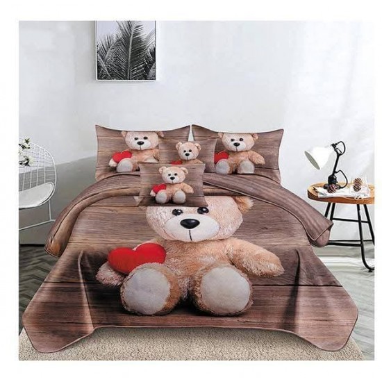 Set Lenjerie de Pat din Finet cu 2 Fete, 6 Piese, Pat 2 Persoane, Maro-Bej, ursulet, LDF-130 Lenjerii Finet 6 piese