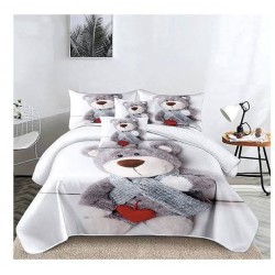 Set Lenjerie de Pat din Finet cu 2 Fete, 6 Piese, Pat 2 Persoane, Alb-Gri, ursulet, LDF-132