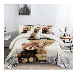 Set Lenjerie de Pat din Finet cu 2 Fete, 6 Piese, Pat 2 Persoane, Alb-Maro, ursulet, LDF-134