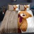 Set Lenjerie de Pat din Finet, 6 Piese, Pat 2 Persoane, Imprimeu 3D Identic cu Poza, Maro-Alb, ursulet, LFL-005