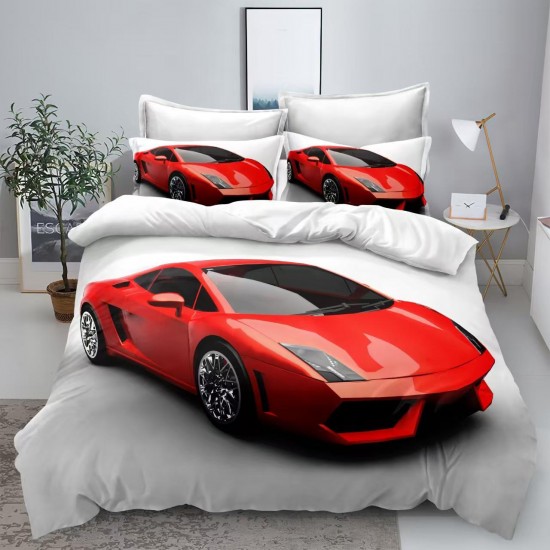 Set Lenjerie de Pat din Finet, 6 Piese, Pat 2 Persoane, Imprimeu 3D Identic cu Poza, Alb-Rosu, masina, LFL-032 Lenjerii Finet PREMIUM LUX