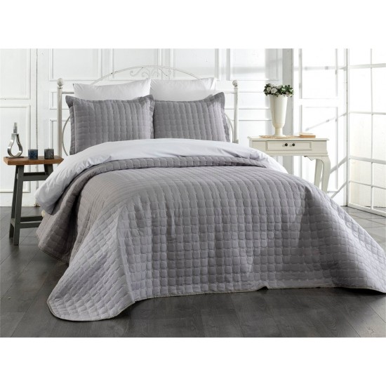 Cuvertura pentru pat dublu din Bumbac Satinat, 220x240cm, plus 2 fete de perna, Gri, CBS-074 Cuverturi 3 piese Uni Bumbac-Satinat