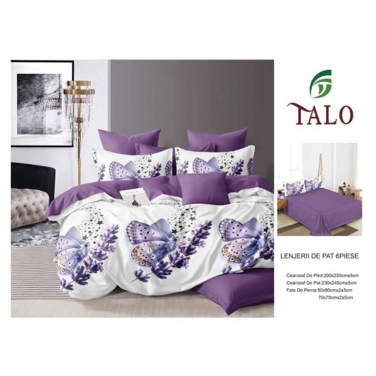 Set Lenjerie de Pat din Finet cu 2 Fete, 6 Piese, Pat 2 Persoane, Alb-Mov, fluturi, flori, OLD-051 Oferta duo bumbac-finet