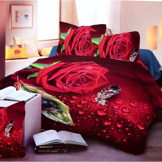 Lenjerie pat dublu, 4 piese, Bumbac Satinat Superior, Rosu, trandafiri, OTM-018 Oferta Trio Mix 199