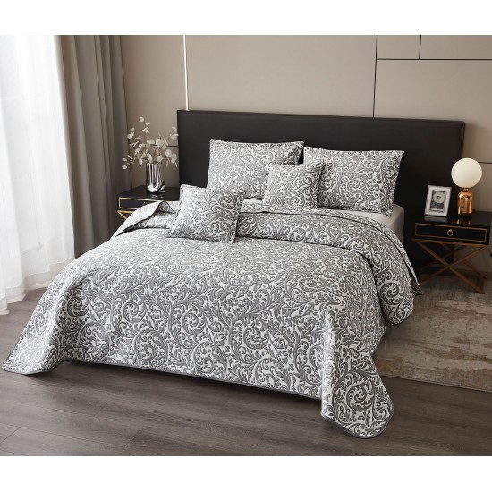 Set Cuvertura de Pat din Bumbac cu In, 5 pierse, 230x250 cm, 5 pierse, Alb-Gri, frunze, CBI-001 Cuverturi 5 piese finet