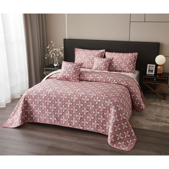 Set Cuvertura de Pat din Bumbac cu In, 5 pierse, 230x250 cm, Alb-Roz, frunze, CBI-002 Cuverturi 5 piese finet