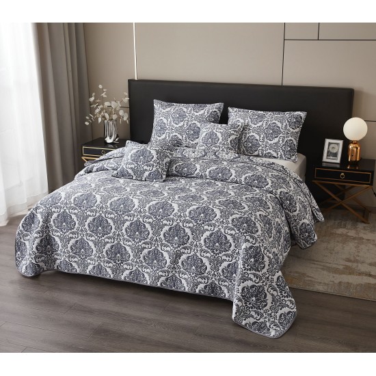 Set Cuvertura de Pat din Bumbac cu In, 5 pierse, 230x250 cm, Alb-Negru, frunze, CBI-005 Cuverturi 5 piese finet