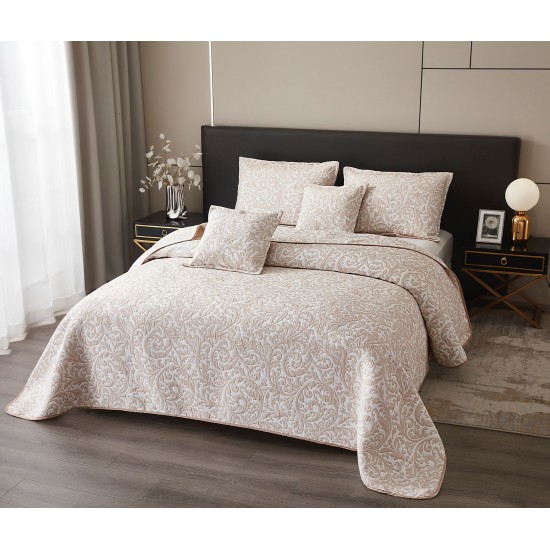 Set Cuvertura de Pat din Bumbac cu In, 5 pierse, 230x250 cm, Alb-Bej, frunze, CBI-006 Cuverturi 5 piese finet
