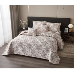 Set Cuvertura de Pat din Bumbac cu In, 5 pierse, 230x250 cm, Alb-Bej, frunze, CBI-007