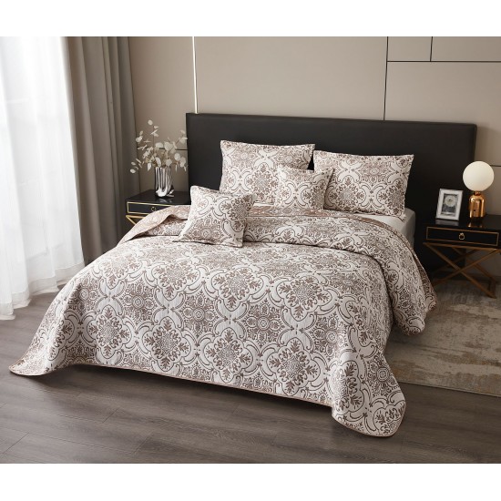 Set Cuvertura de Pat din Bumbac cu In, 5 pierse, 230x250 cm, Alb-Bej, frunze, CBI-007 Cuverturi 5 piese finet