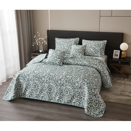 Set Cuvertura de Pat din Bumbac cu In, 5 pierse, 230x250 cm, Alb-Verde, frunze, CBI-008 Cuverturi 5 piese finet