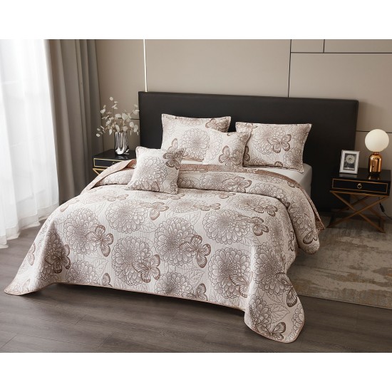 Set Cuvertura de Pat din Bumbac cu In, 5 pierse, 230x250 cm, Alb-Maro, flori, fluturi, CBI-010 Cuverturi 5 piese finet